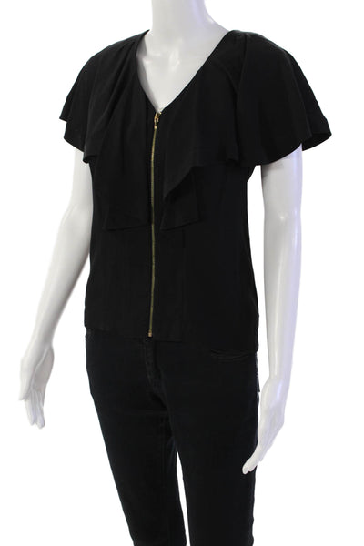 Tory Burch Womens Silk V-neck Short Sleeve Front Zip Tank Top Black Size 0