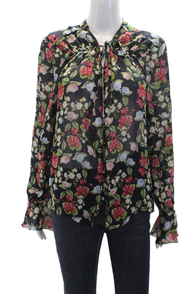 Nicholas Womens Silk Floral Print V-Neck Button-Down Shirt Black Size 18