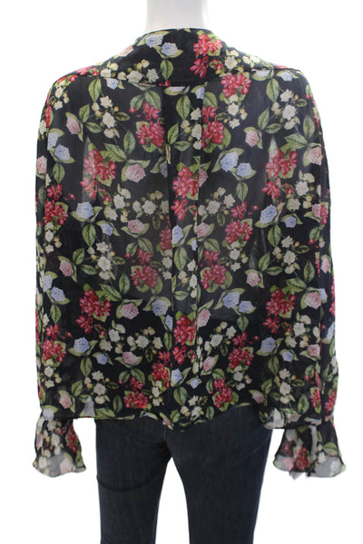 Nicholas Womens Silk Floral Print V-Neck Button-Down Shirt Black Size 18
