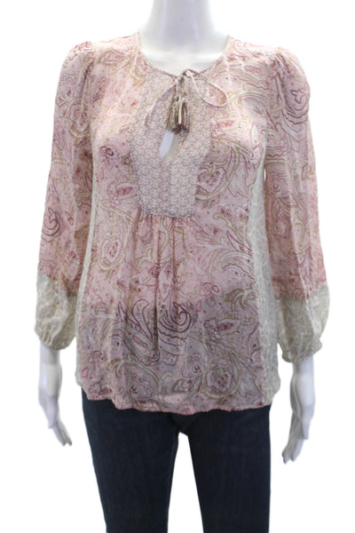 Joie Womens Silk Long Sleeve V-neck Abstract Printed Blouse Pink Size XS