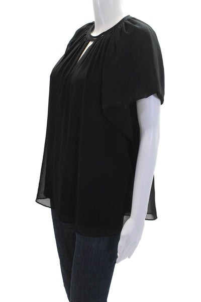 Kobi Halperin Women's Round Neck Short Sleeves Key Hole Blouse Black Size M