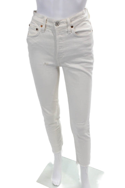 Re/Done Womens Button Fly Mid Rise Fringe Skinny Jeans White Size 24
