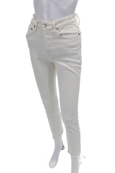Re/Done Womens Button Fly Mid Rise Fringe Skinny Jeans White Size 24