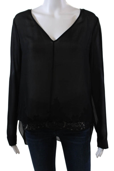 Robert Rodriguez Womens Silk Lace Trim V Neck Blouse Black White Size 6
