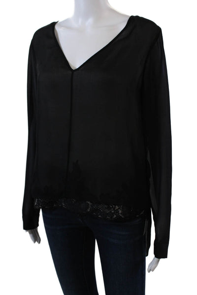 Robert Rodriguez Womens Silk Lace Trim V Neck Blouse Black White Size 6