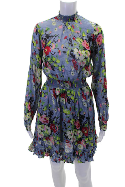 Amo Womens Floral Print Long Sleeves A Line Dress Blue Size Extra Small