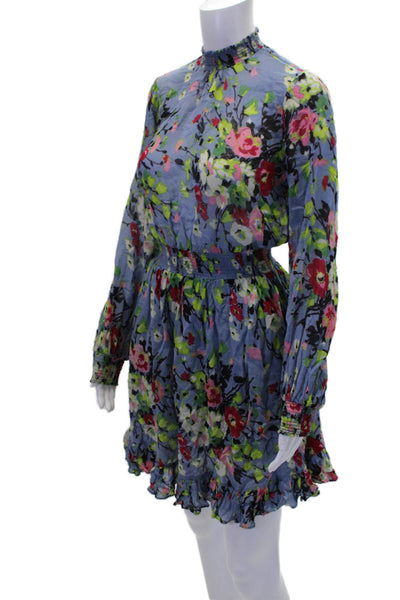 Amo Womens Floral Print Long Sleeves A Line Dress Blue Size Extra Small