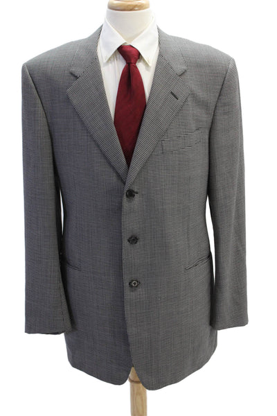 Zanella Mens Printed Three Button Blazer Jacket Black White Wool Size 46 Long