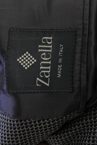 Zanella Mens Printed Three Button Blazer Jacket Black White Wool Size 46 Long