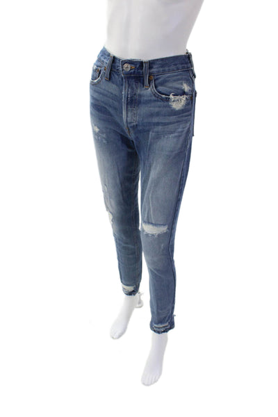 Re/Done Womens Textured Cotton Button Distressed Skinny Jeans Blue Size EUR 25
