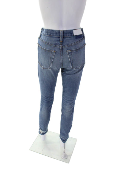 Re/Done Womens Textured Cotton Button Distressed Skinny Jeans Blue Size EUR 25