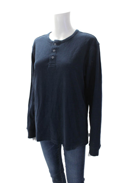 Onia Womens Cotton Long Sleeve Button Casual Knit Top Navy Blue Size M