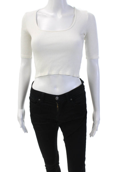 The Range Womens Ribbed Long Neck Short Sleeve Cropped Top White Size XS