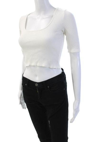 The Range Womens Ribbed Long Neck Short Sleeve Cropped Top White Size XS