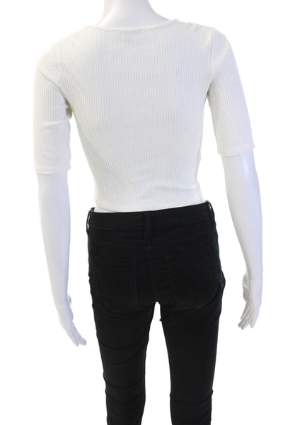 The Range Womens Ribbed Long Neck Short Sleeve Cropped Top White Size XS