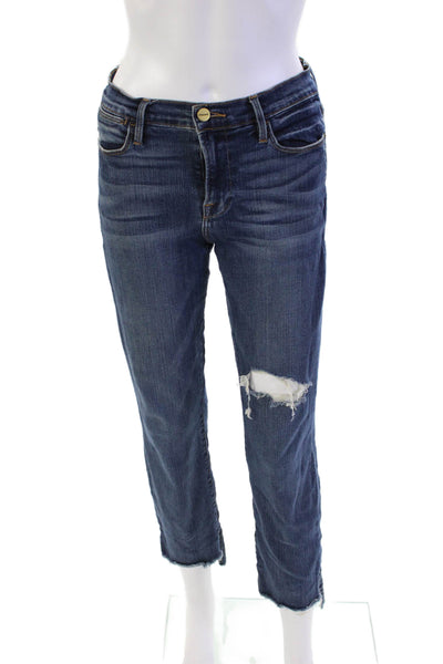 Frame Womens Cotton Zip Button Straight Leg Distress Jeans Blue Size EUR 27