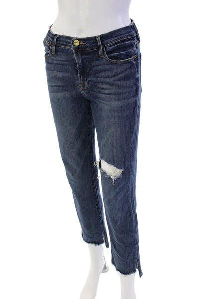 Frame Womens Cotton Zip Button Straight Leg Distress Jeans Blue Size EUR 27