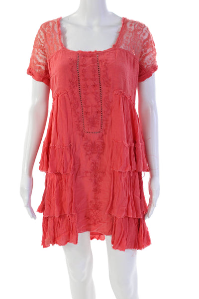 Free People Womens Embroidered Round Neck Short Sleeve Mini Dress Pink Size S
