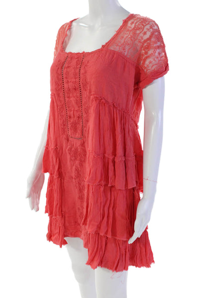 Free People Womens Embroidered Round Neck Short Sleeve Mini Dress Pink Size S