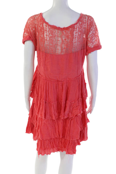 Free People Womens Embroidered Round Neck Short Sleeve Mini Dress Pink Size S
