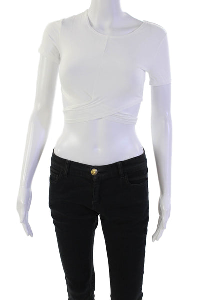 Lovers + Friends Womens Short Sleeve Scoop Neck Tie Front Shirt White Size 2XS