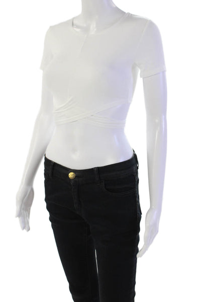 Lovers + Friends Womens Short Sleeve Scoop Neck Tie Front Shirt White Size 2XS