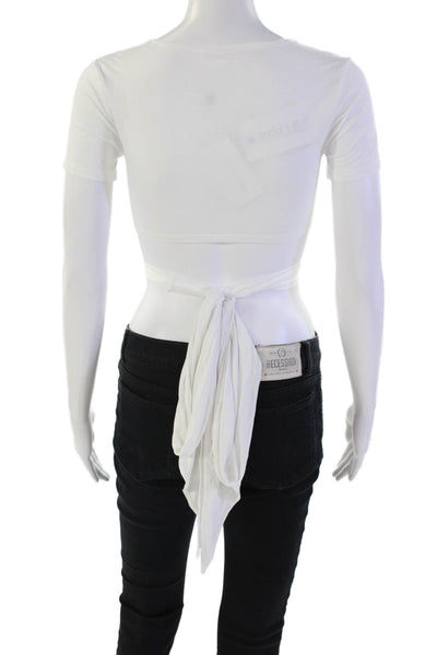 Lovers + Friends Womens Short Sleeve Scoop Neck Tie Front Shirt White Size 2XS
