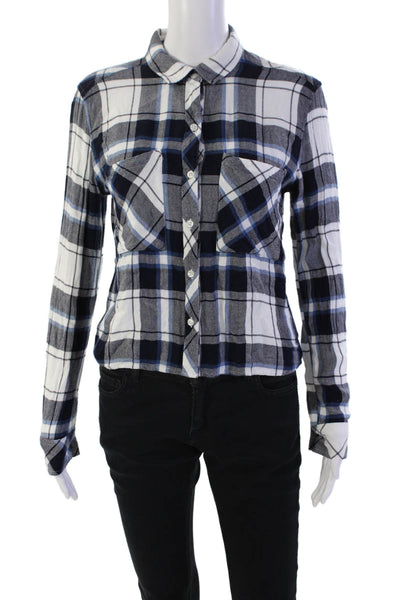 Rails Womens Button Front Collared Plaid Shirt White Blue Size Extra Small