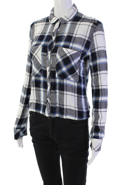 Rails Womens Button Front Collared Plaid Shirt White Blue Size Extra Small