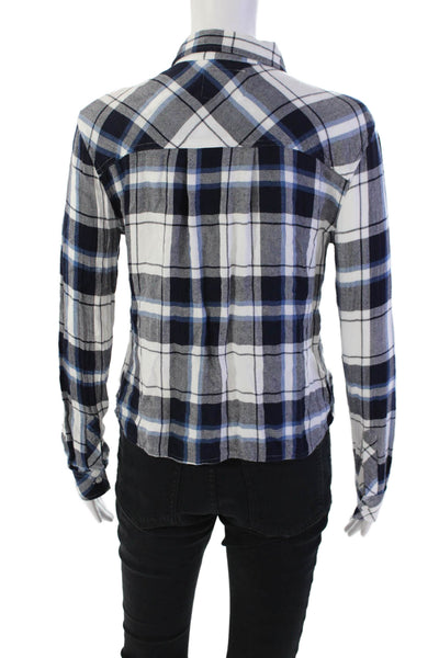 Rails Womens Button Front Collared Plaid Shirt White Blue Size Extra Small
