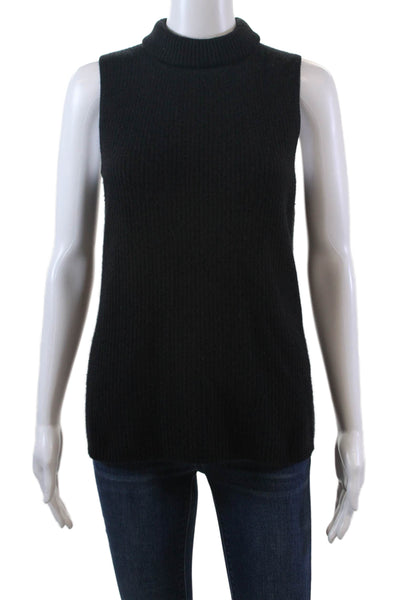 White + Warren Womens Cashmere Ribbed Sleeveless Turtleneck Top Black Size L