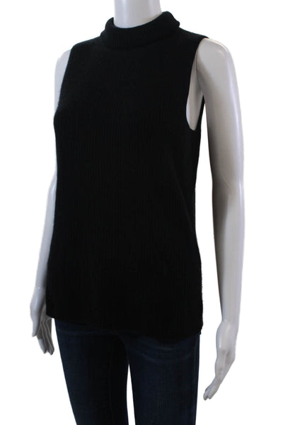 White + Warren Womens Cashmere Ribbed Sleeveless Turtleneck Top Black Size L