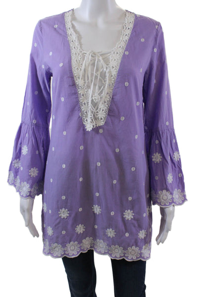 Miguelina Womens 3/4 Sleeve V Neck Embroidered Top Purple White Size Small