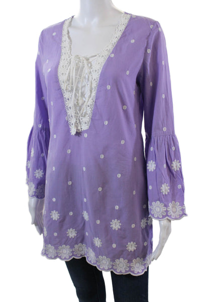 Miguelina Womens 3/4 Sleeve V Neck Embroidered Top Purple White Size Small