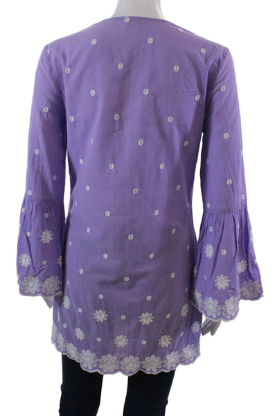 Miguelina Womens 3/4 Sleeve V Neck Embroidered Top Purple White Size Small