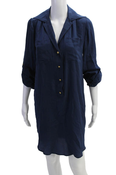 Hunter Dixon Womens 3/4 Sleeve Collared Half Button Silk Shirt Dress Navy XS