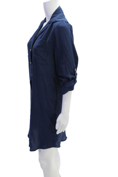 Hunter Dixon Womens 3/4 Sleeve Collared Half Button Silk Shirt Dress Navy XS