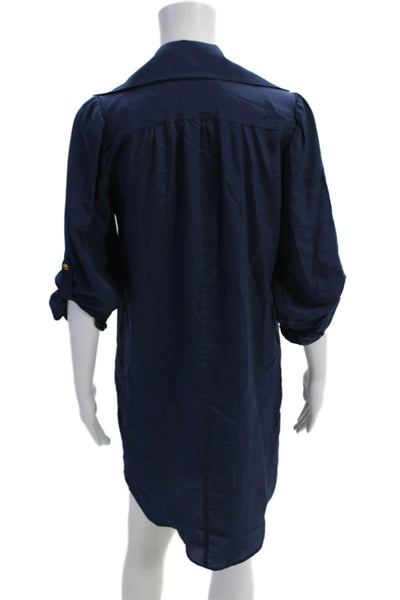Hunter Dixon Womens 3/4 Sleeve Collared Half Button Silk Shirt Dress Navy XS