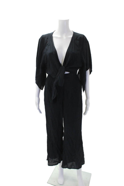 Faithfull The Brand Womens V neck Tie Front Wide Leg Jumpsuit Navy Size 2