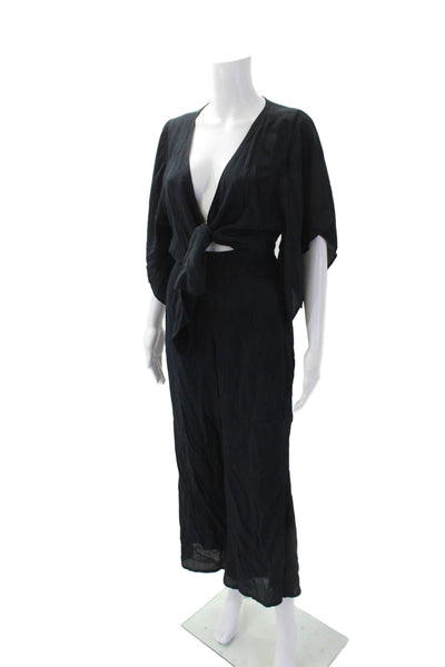 Faithfull The Brand Womens V neck Tie Front Wide Leg Jumpsuit Navy Size 2