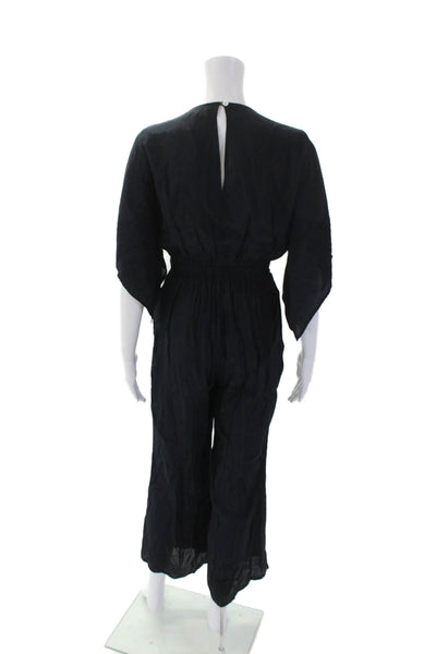 Faithfull The Brand Womens V neck Tie Front Wide Leg Jumpsuit Navy Size 2