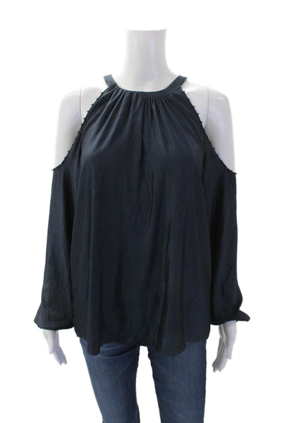 Ramy Brook Womens Long Sleeve Cold Shoulder Beaded Halter Blouse Blue Size S
