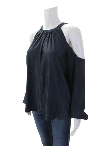 Ramy Brook Womens Long Sleeve Cold Shoulder Beaded Halter Blouse Blue Size S