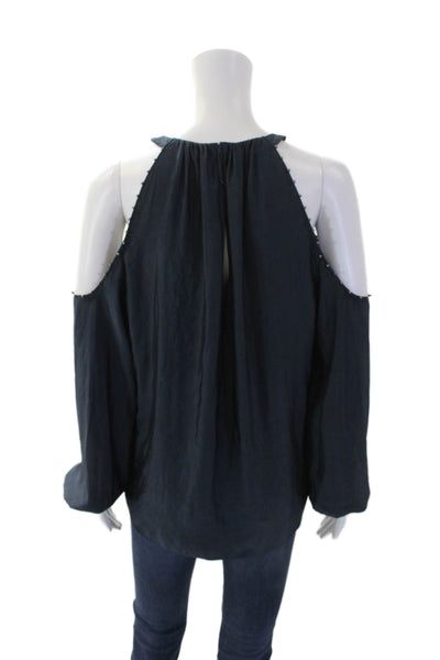 Ramy Brook Womens Long Sleeve Cold Shoulder Beaded Halter Blouse Blue Size S