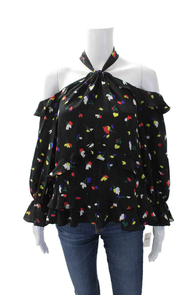 Shoshanna Womens Halter Neck Ruffle Trim Cold Shoulder Floral Top Black Size XS