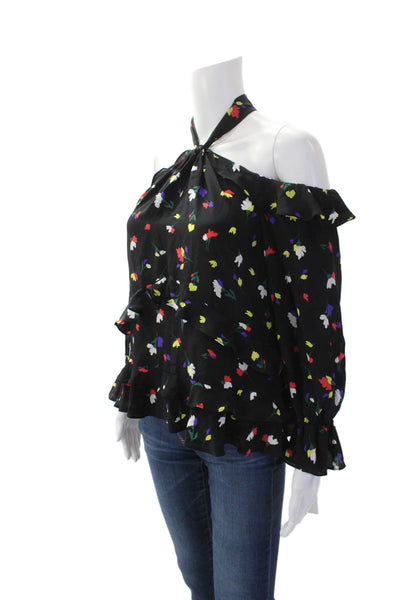 Shoshanna Womens Halter Neck Ruffle Trim Cold Shoulder Floral Top Black Size XS