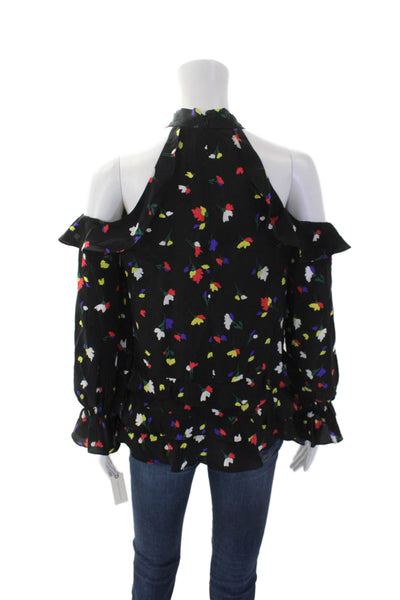 Shoshanna Womens Halter Neck Ruffle Trim Cold Shoulder Floral Top Black Size XS