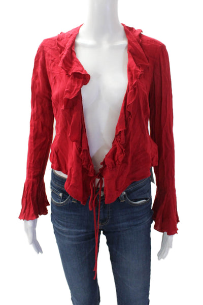 Lisa Says Gah Womens Long Sleeve Tie Front V Neck Ruffle Trim Top Red Size XS