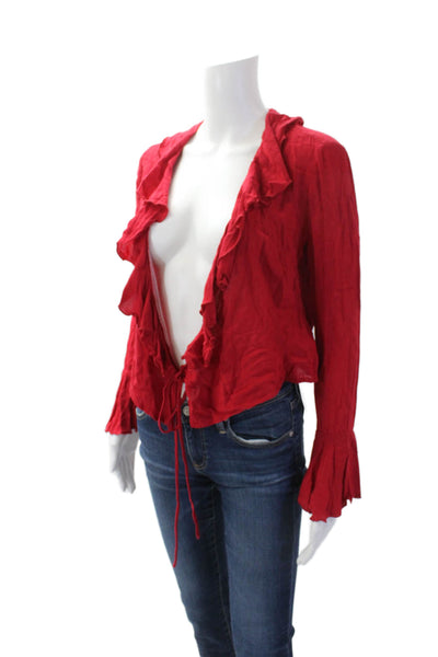Lisa Says Gah Womens Long Sleeve Tie Front V Neck Ruffle Trim Top Red Size XS