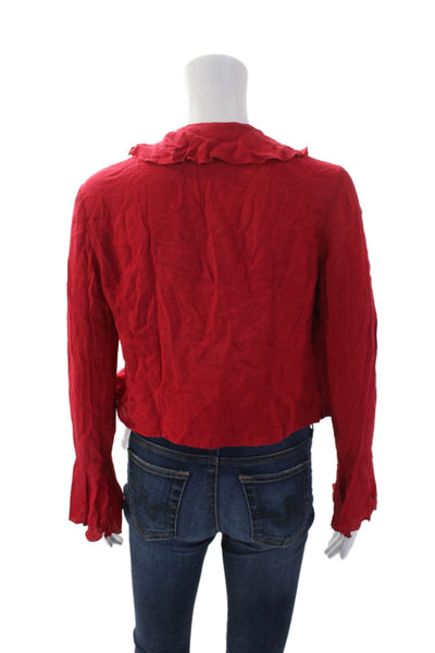 Lisa Says Gah Womens Long Sleeve Tie Front V Neck Ruffle Trim Top Red Size XS